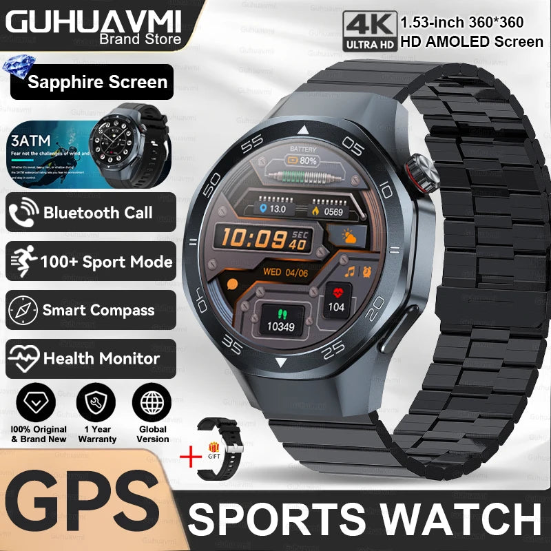 2025 New GPS Trackr GT5 Pro SmartWatch Men Heart Rate Bluetooth Call Compass 3ATM Waterproof Outdoor Sports Smart Bracelet Women
