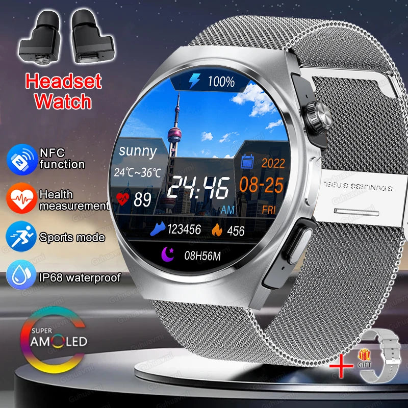 2025 New Original Smart Watch 2 in 1 Earbuds Watches 360*360 AMOLED Call Health Monitor Sport Tracker NFC Waterproof Smartwatchs