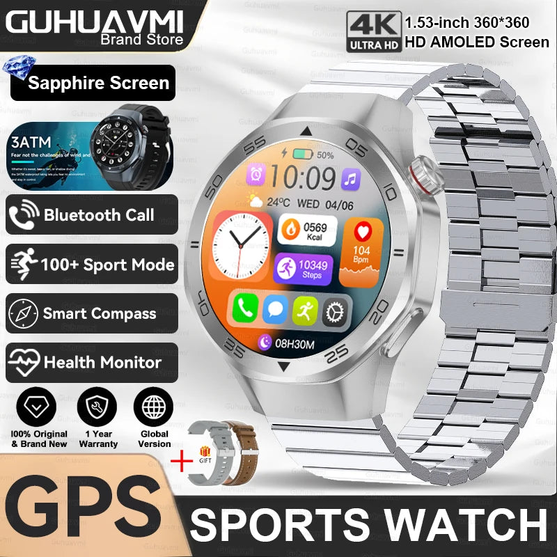 2025 New GPS Trackr GT5 Pro SmartWatch Men Heart Rate Bluetooth Call Compass 3ATM Waterproof Outdoor Sports Smart Bracelet Women