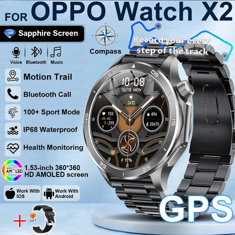 2025New For OPPO Watch X2 Smart Watch Men GPS Track Compass AMOLED Screen Bluetooth Call Heart Rate IP68 Waterproof Smartwatches