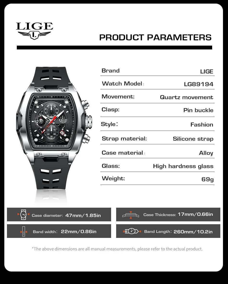 LIGE Silicone Watch Fashion Military Sports Waterproof Quartz Watches Calendar Luminous Men's Watch Chronograph Watches for Man