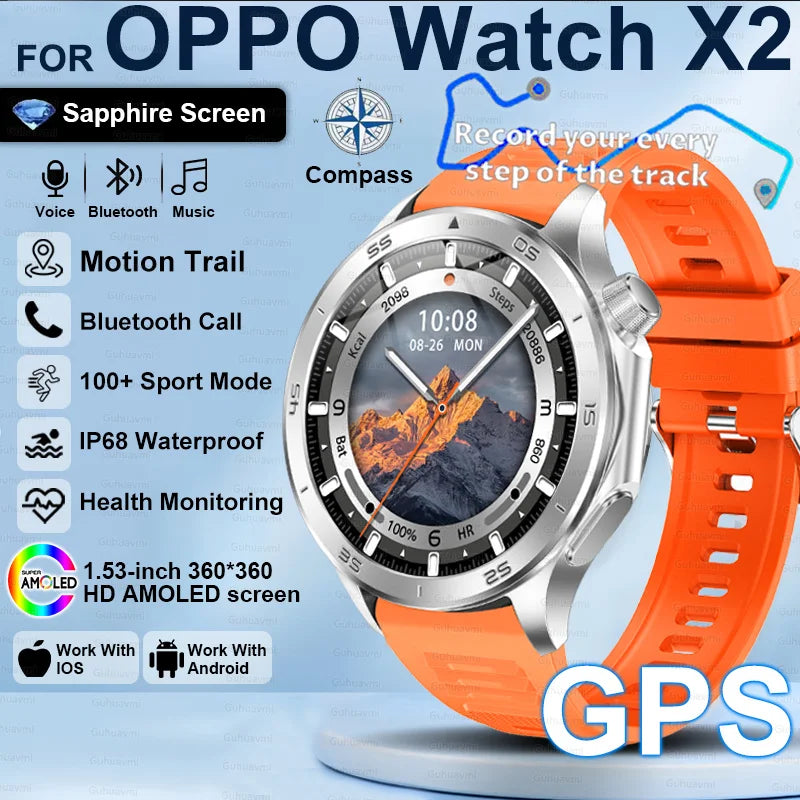 2025New For OPPO Watch X2 Smart Watch Men GPS Track Compass AMOLED Screen Bluetooth Call Heart Rate IP68 Waterproof Smartwatches