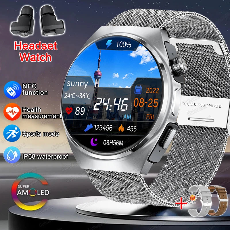 2025 New Original Smart Watch 2 in 1 Earbuds Watches 360*360 AMOLED Call Health Monitor Sport Tracker NFC Waterproof Smartwatchs
