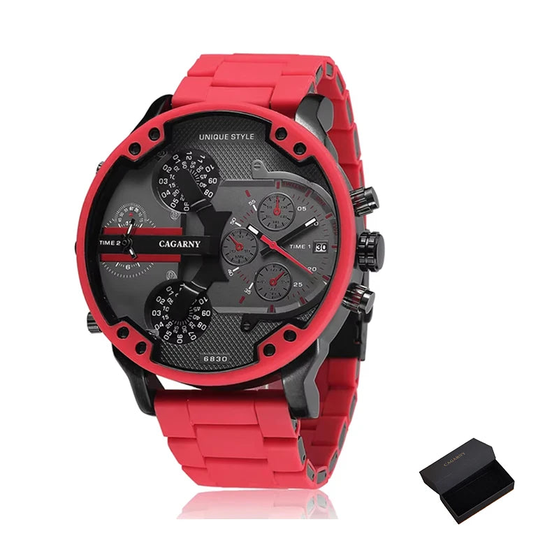 Gold Watch Men Luxury Brand Famous Dual Time Military Relogio Masculino 57mm 3D Large Case Quartz Mens Watches Red Male Clock