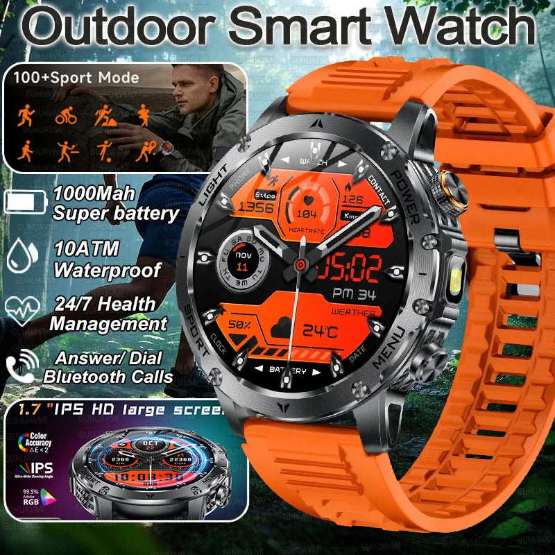 New Military Smart Watch Men 1.7 inches HD AMOLED Screen 100+Sports Heart Rate 1000Mah Battery HD Call 10ATM Waterproof Bracelet