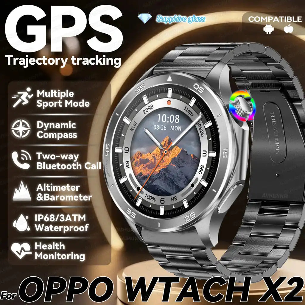 2025New For OPPO Watch X2 Smart Watch Men GPS Track Compass AMOLED Screen Bluetooth Call Heart Rate IP68 Waterproof Smartwatches