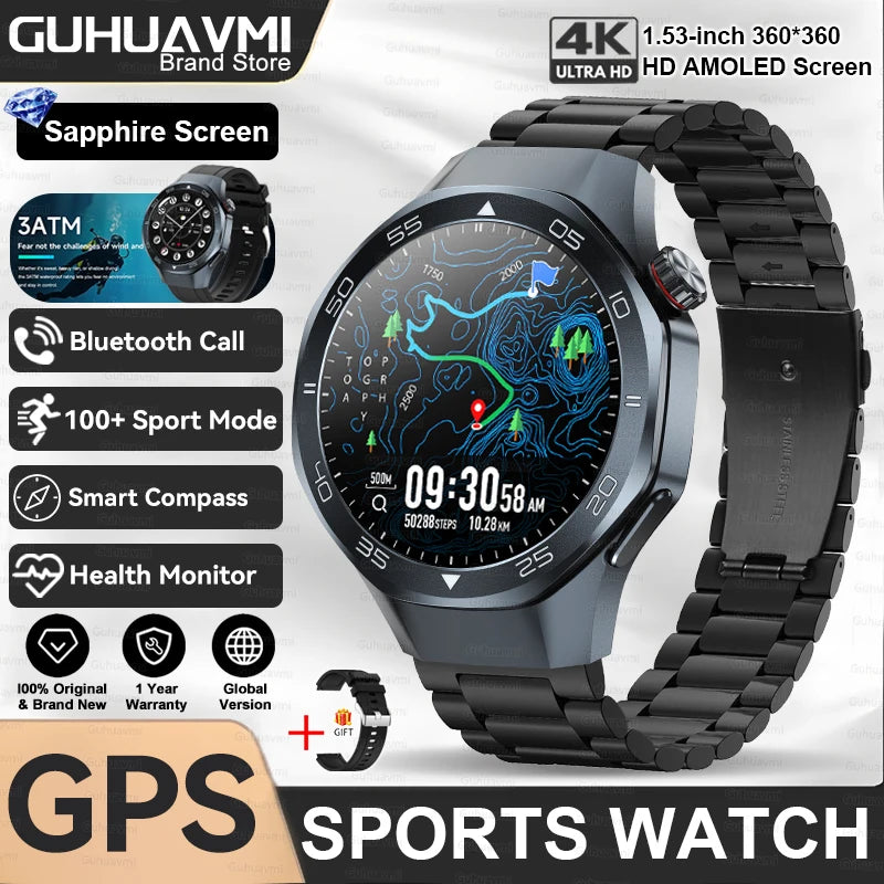 2025 New GPS Trackr GT5 Pro SmartWatch Men Heart Rate Bluetooth Call Compass 3ATM Waterproof Outdoor Sports Smart Bracelet Women