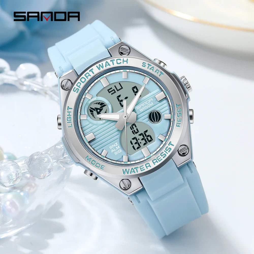 SANDA 6067 Digital Watch Women's Macaron Sport Chronograph Calendar Lady Quartz Wristwatch 50m Waterproof LED Electronic Clock