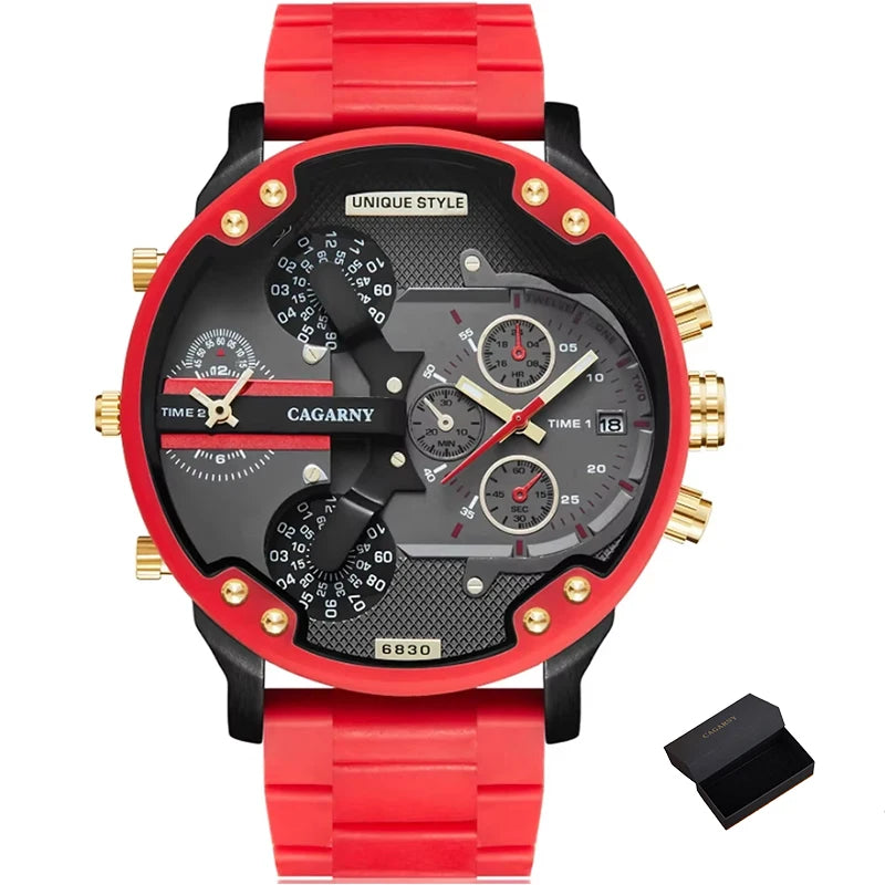 Gold Watch Men Luxury Brand Famous Dual Time Military Relogio Masculino 57mm 3D Large Case Quartz Mens Watches Red Male Clock