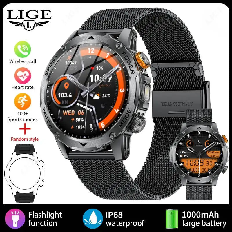 LIGE New Smart Watch Men 1000mAh Large Capacity Battery Outdoor Flashlight Bluetooth Call Waterproof Sport Fitness Smartwatch