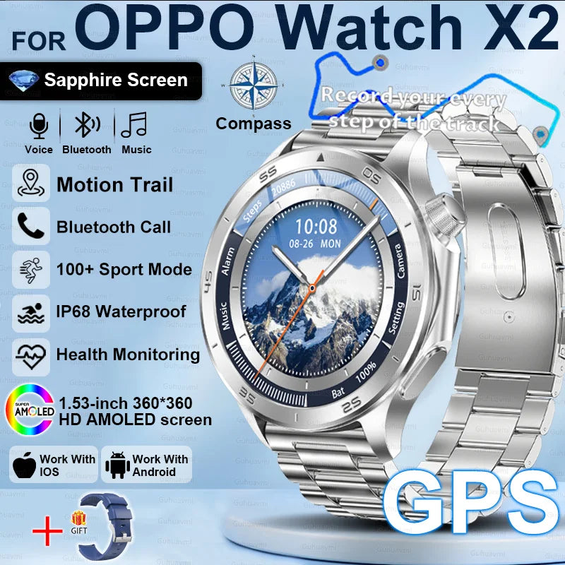 2025New For OPPO Watch X2 Smart Watch Men GPS Track Compass AMOLED Screen Bluetooth Call Heart Rate IP68 Waterproof Smartwatches