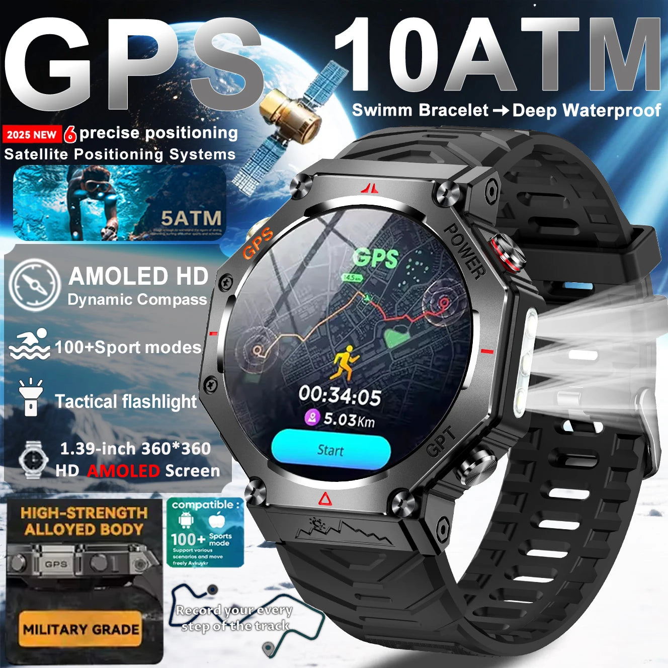 2025New T-Rex 3Ultra Outdoors GPS Smart Watch 10ATM IP68 Waterproof Tactical Flashlight Compass Outdoor sport high-end watch Men