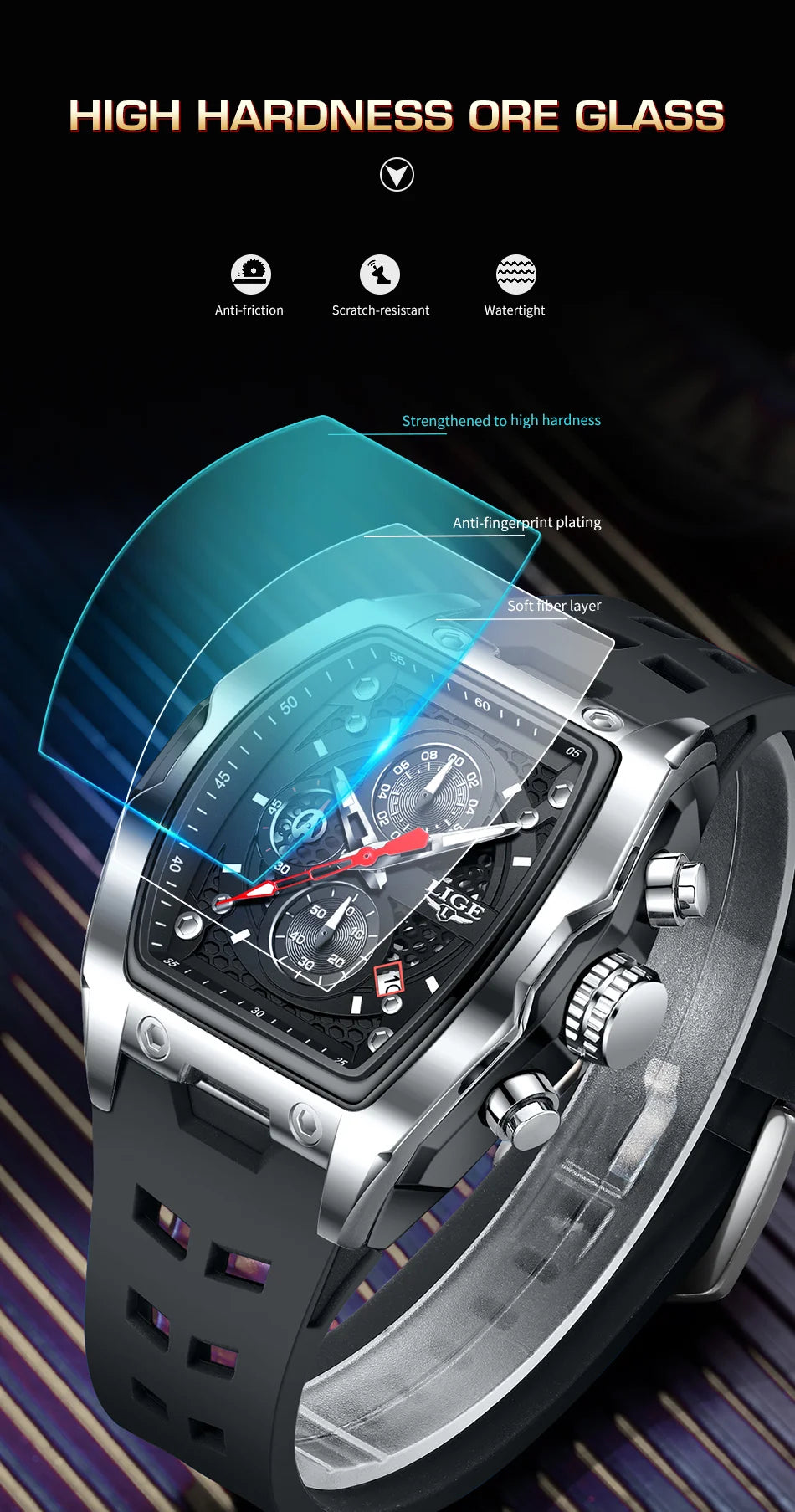 LIGE Silicone Watch Fashion Military Sports Waterproof Quartz Watches Calendar Luminous Men's Watch Chronograph Watches for Man