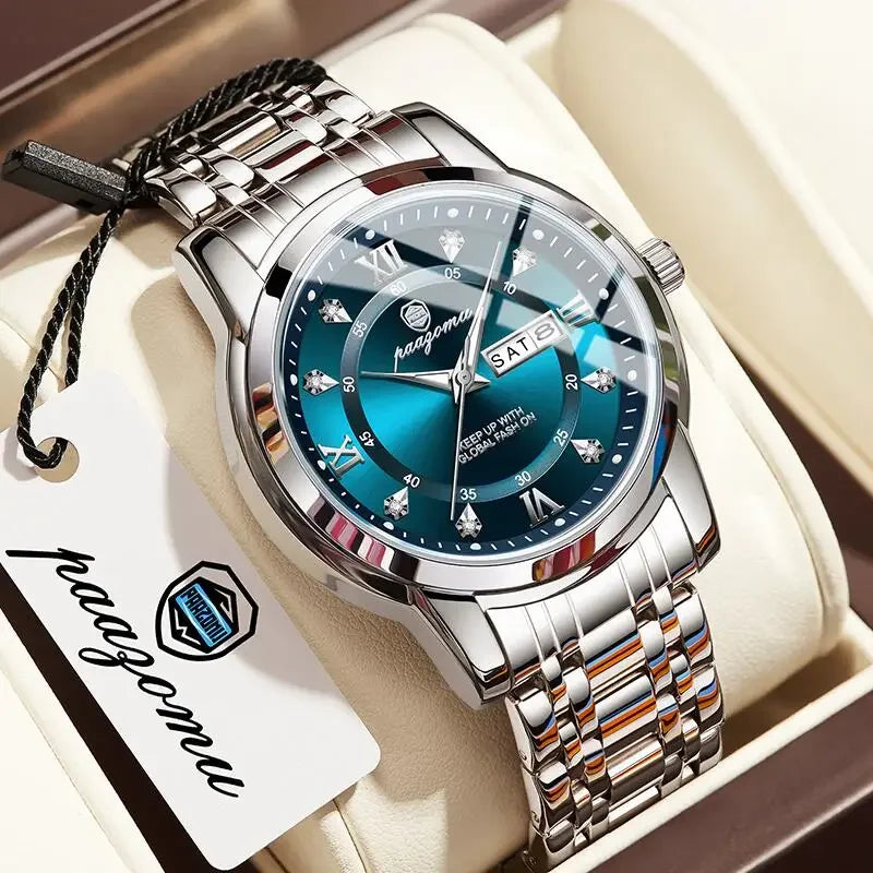 POEDAGAR Business Men Watch Date Week Waterproof Luminous Luxury Man Wristwatch Sports Stainless Steel Men's Quartz Watches Male