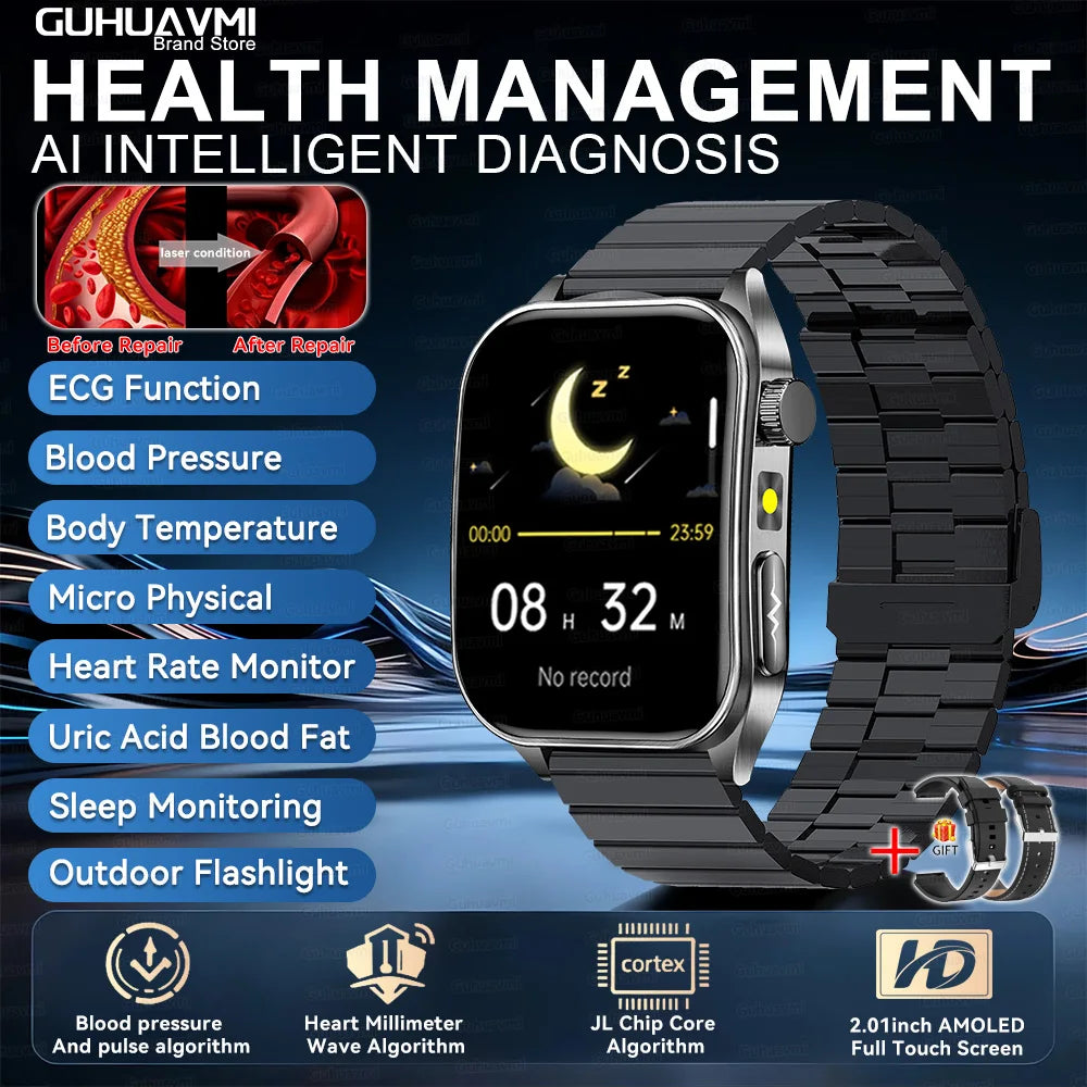 2025 New Laser therapy+ECG+HRV High-end Health Watch Men Body analysis Blood pressure lipids Uric acid Health Tracker Smartwatch