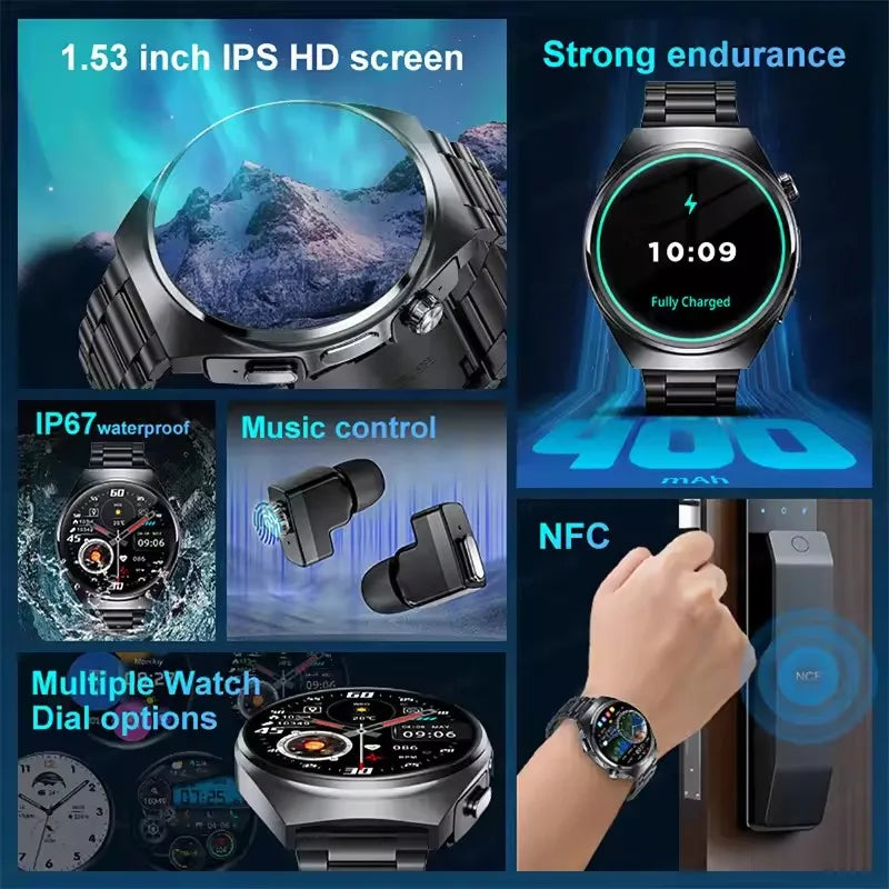 2025 New Original Smart Watch 2 in 1 Earbuds Watches 360*360 AMOLED Call Health Monitor Sport Tracker NFC Waterproof Smartwatchs