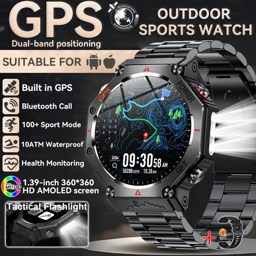 2025New T-Rex 3Ultra Outdoors GPS Smart Watch 10ATM IP68 Waterproof Tactical Flashlight Compass Outdoor sport high-end watch Men