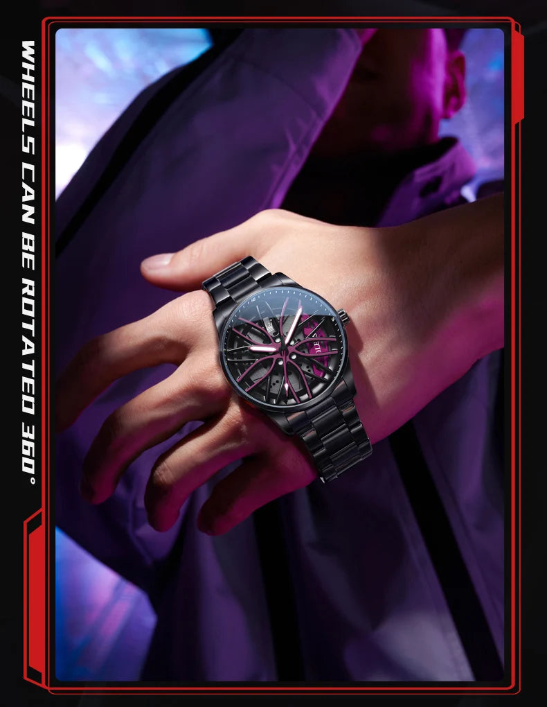 OLEVS 9937 Mens Watch Original Rotatable Wheel Hub Dial Fashion Trend Quartz Watch Waterproof Luminous Stainless Steel Reloj