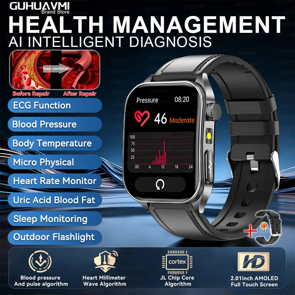 2025 New Laser therapy+ECG+HRV High-end Health Watch Men Body analysis Blood pressure lipids Uric acid Health Tracker Smartwatch