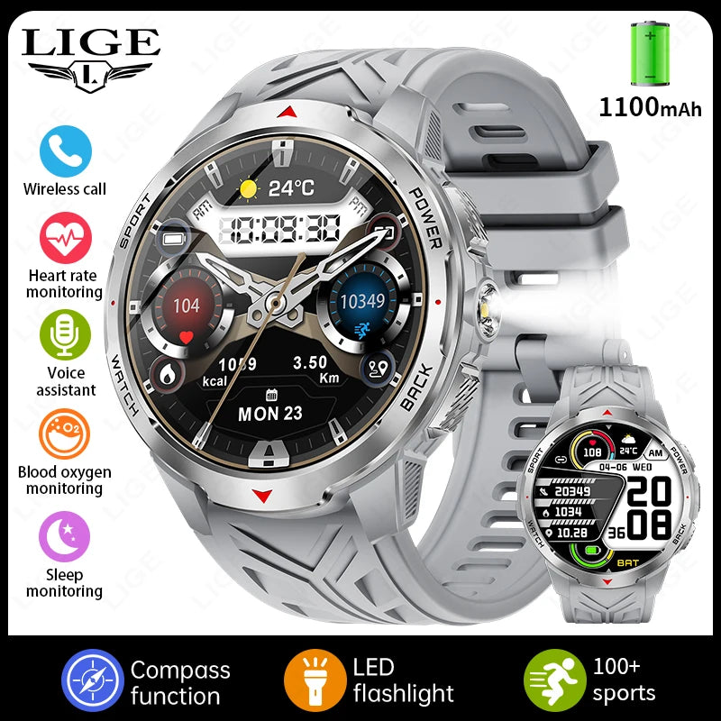 LIGE New Smart Watch Men 1100mah Large Capacity Battery Compass Outdoor 3ATM Waterproof Sports Fitness Bluetooth Call Smartwatch
