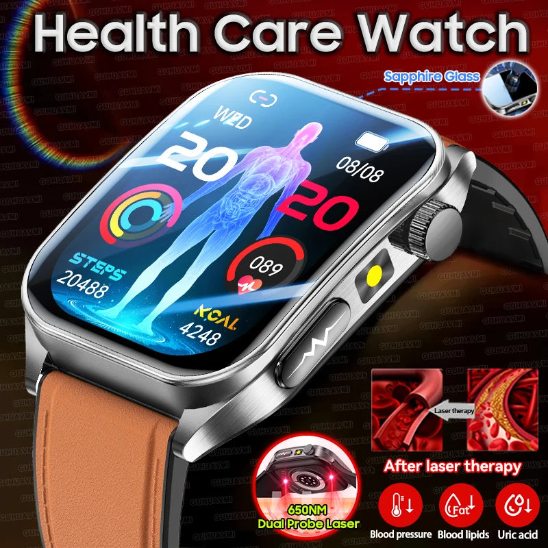 2025 New Laser therapy+ECG+HRV High-end Health Watch Men Body analysis Blood pressure lipids Uric acid Health Tracker Smartwatch