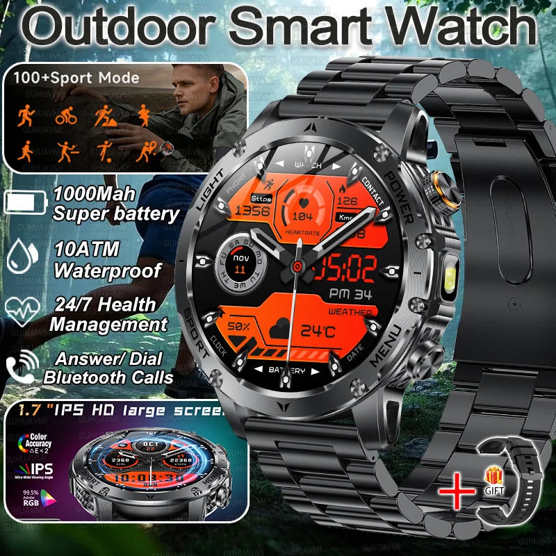 New Military Smart Watch Men 1.7 inches HD AMOLED Screen 100+Sports Heart Rate 1000Mah Battery HD Call 10ATM Waterproof Bracelet