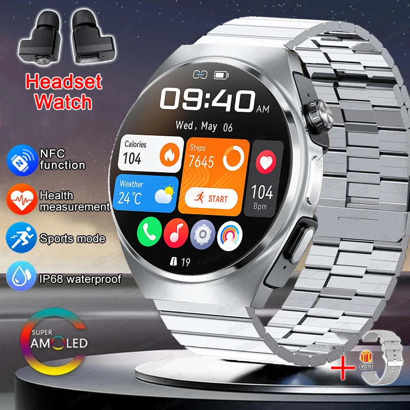 2025 New Original Smart Watch 2 in 1 Earbuds Watches 360*360 AMOLED Call Health Monitor Sport Tracker NFC Waterproof Smartwatchs