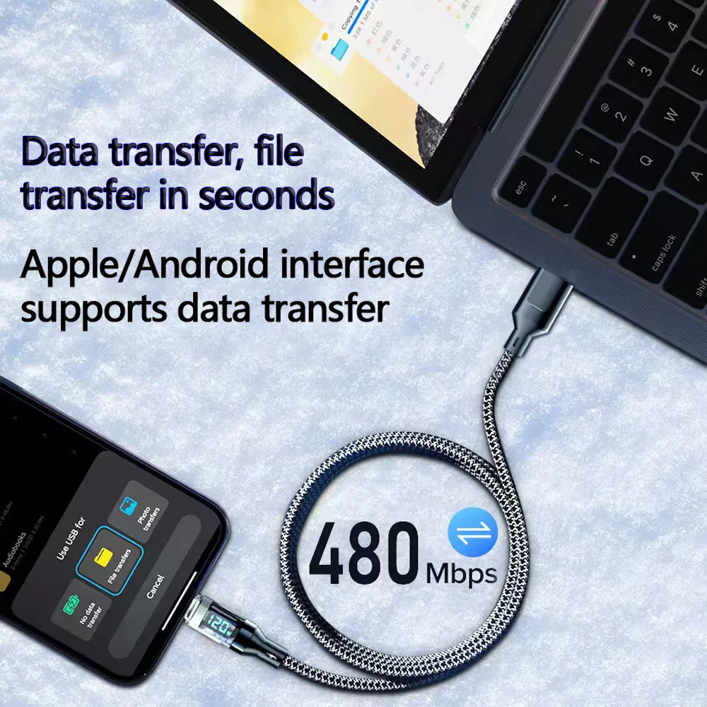 120W USB to Type C Cable Phone Super Fast Charging Cable With LED Display 100W Type-C To Type-C Data Cord For Huawei Oppo Vivo