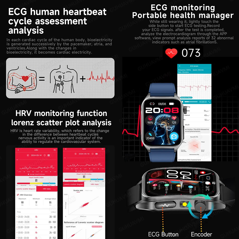 2025 New Laser therapy+ECG+HRV High-end Health Watch Men Body analysis Blood pressure lipids Uric acid Health Tracker Smartwatch