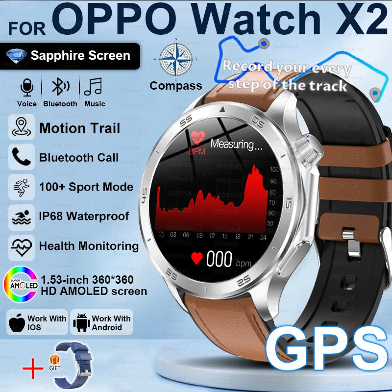 2025New For OPPO Watch X2 Smart Watch Men GPS Track Compass AMOLED Screen Bluetooth Call Heart Rate IP68 Waterproof Smartwatches
