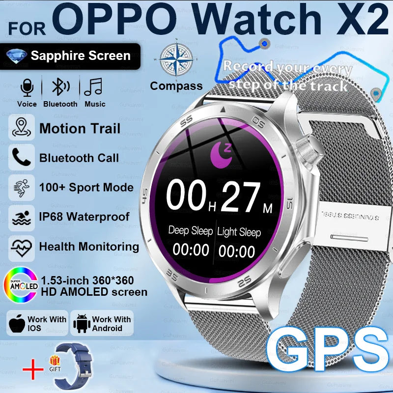 2025New For OPPO Watch X2 Smart Watch Men GPS Track Compass AMOLED Screen Bluetooth Call Heart Rate IP68 Waterproof Smartwatches