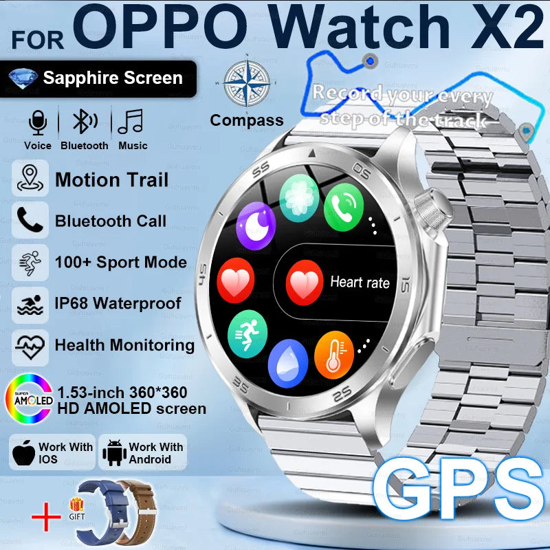 2025New For OPPO Watch X2 Smart Watch Men GPS Track Compass AMOLED Screen Bluetooth Call Heart Rate IP68 Waterproof Smartwatches