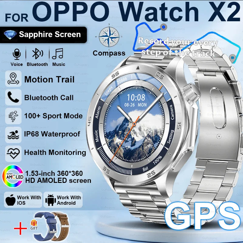 2025New For OPPO Watch X2 Smart Watch Men GPS Track Compass AMOLED Screen Bluetooth Call Heart Rate IP68 Waterproof Smartwatches
