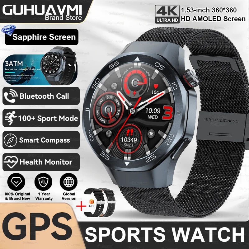 2025 New GPS Trackr GT5 Pro SmartWatch Men Heart Rate Bluetooth Call Compass 3ATM Waterproof Outdoor Sports Smart Bracelet Women
