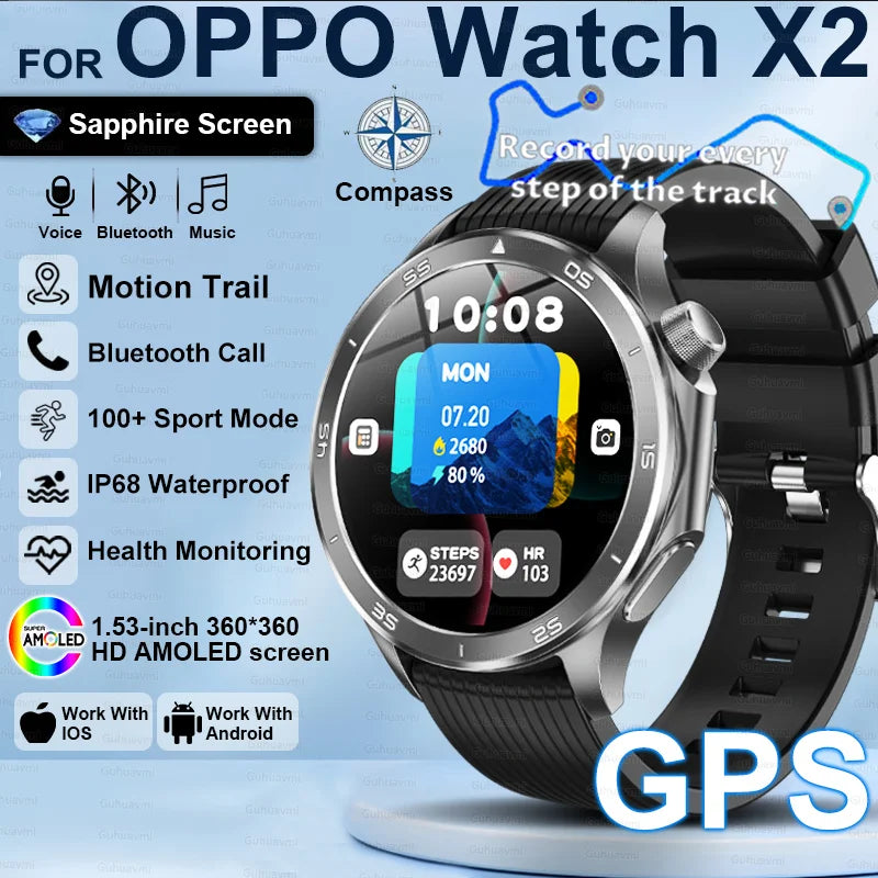 2025New For OPPO Watch X2 Smart Watch Men GPS Track Compass AMOLED Screen Bluetooth Call Heart Rate IP68 Waterproof Smartwatches