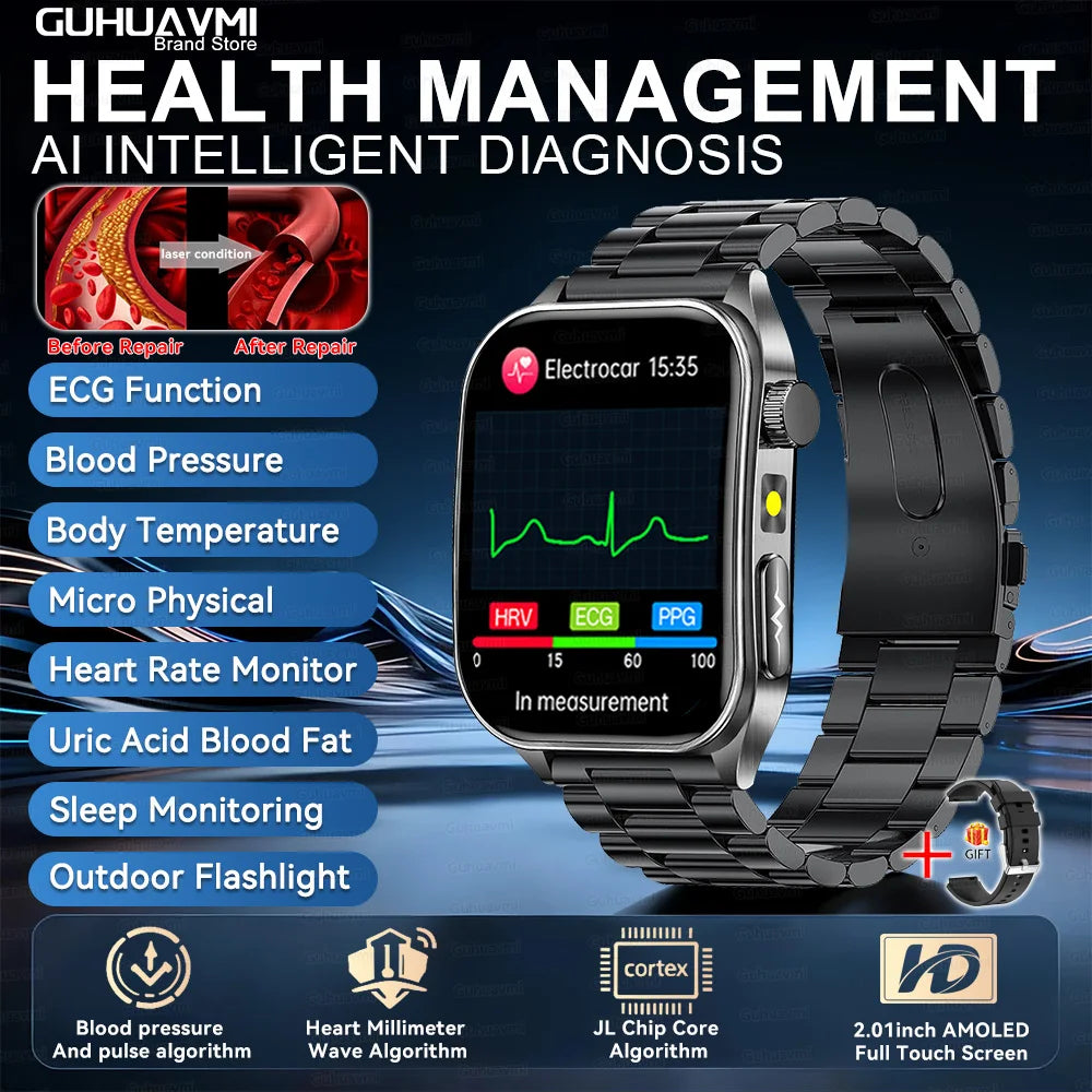 2025 New Laser therapy+ECG+HRV High-end Health Watch Men Body analysis Blood pressure lipids Uric acid Health Tracker Smartwatch