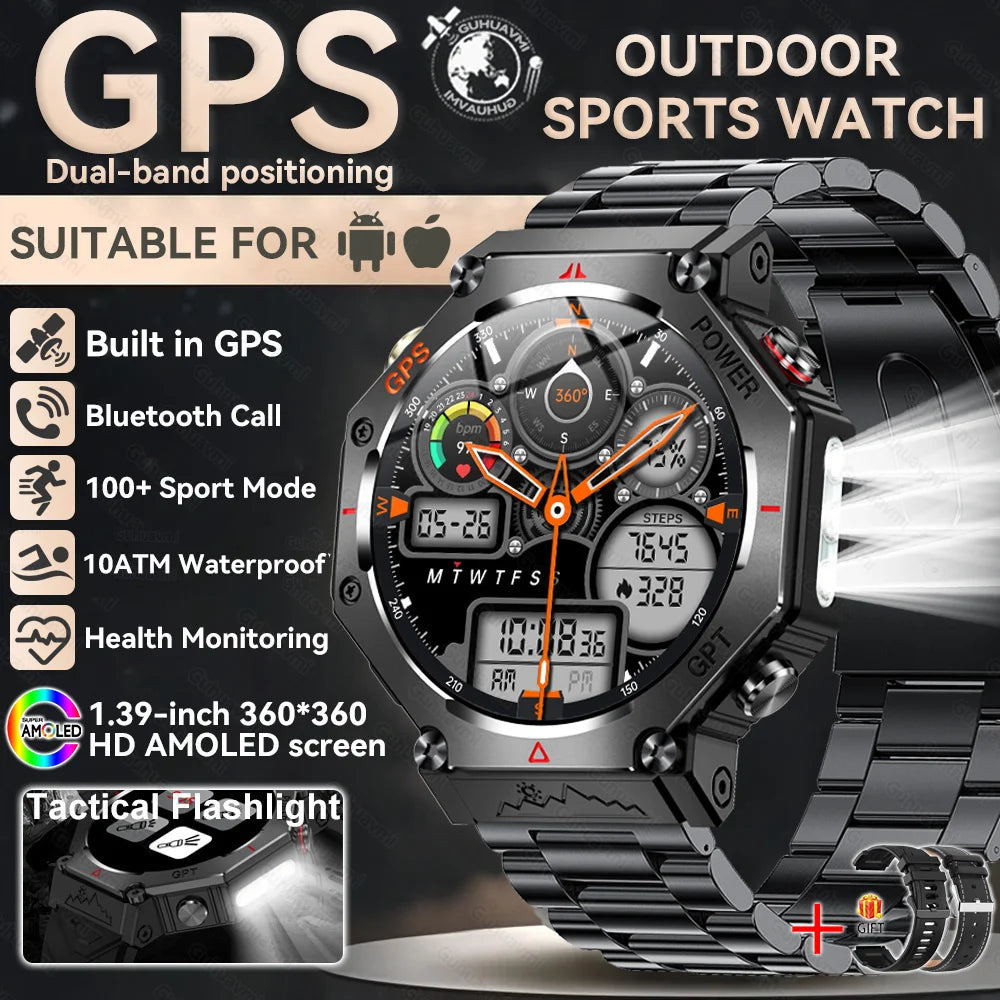 2025New T-Rex 3Ultra Outdoors GPS Smart Watch 10ATM IP68 Waterproof Tactical Flashlight Compass Outdoor sport high-end watch Men