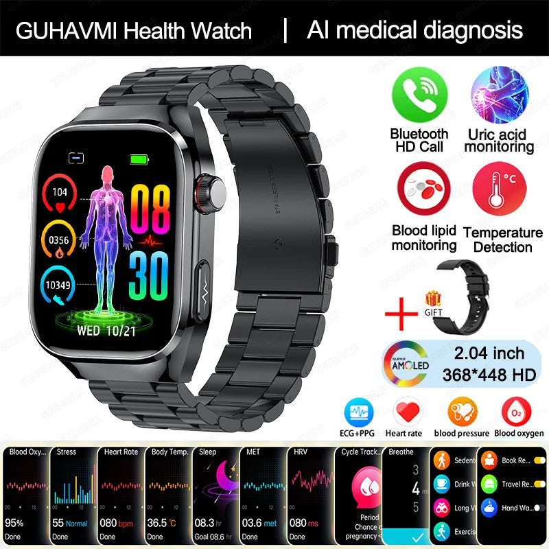 New Blood Pressure Uric Acid Body Fat Smartwatch Micro Physical Examination Five Organ Health Watches Bluetooth Call Smart Watch