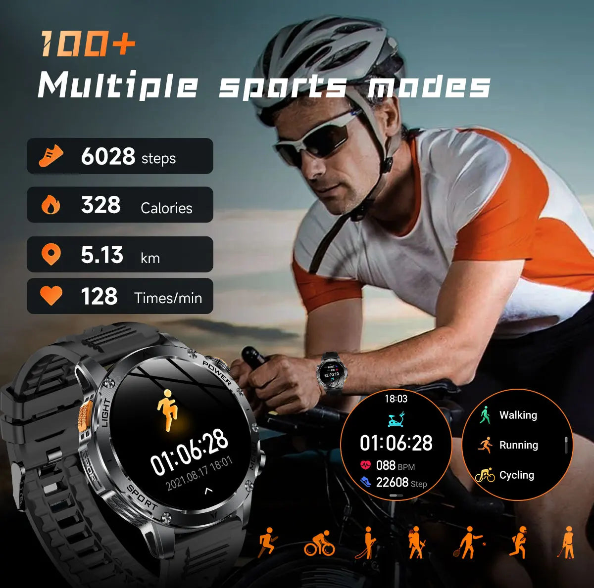 New Military Smart Watch Men 1.7 inches HD AMOLED Screen 100+Sports Heart Rate 1000Mah Battery HD Call 10ATM Waterproof Bracelet