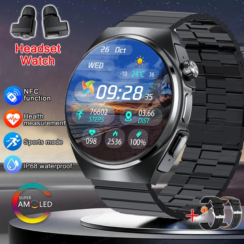 2025 New Original Smart Watch 2 in 1 Earbuds Watches 360*360 AMOLED Call Health Monitor Sport Tracker NFC Waterproof Smartwatchs