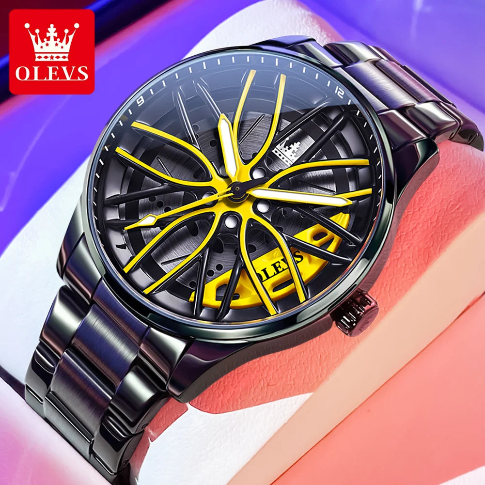OLEVS 9937 Mens Watch Original Rotatable Wheel Hub Dial Fashion Trend Quartz Watch Waterproof Luminous Stainless Steel Reloj