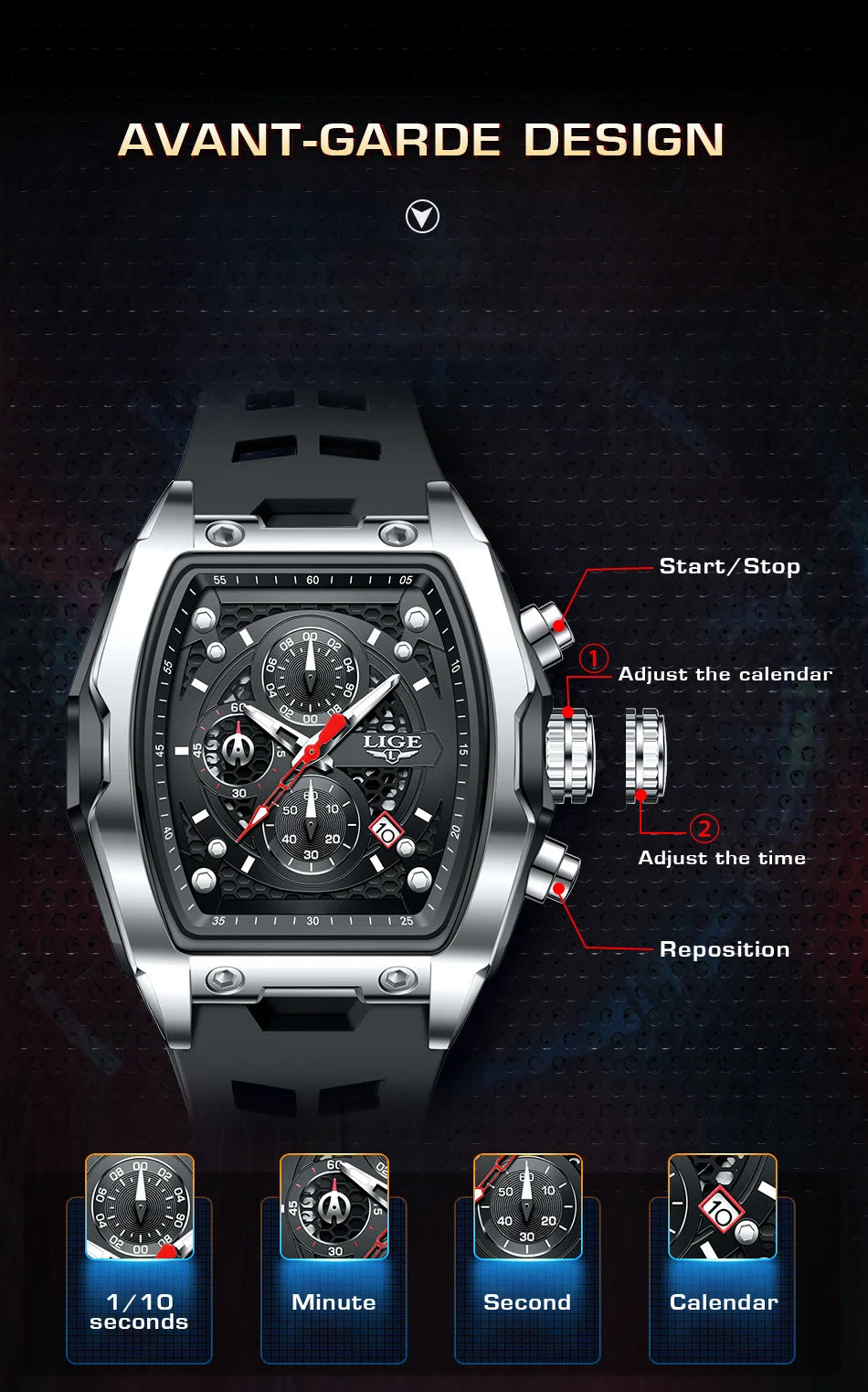 LIGE Silicone Watch Fashion Military Sports Waterproof Quartz Watches Calendar Luminous Men's Watch Chronograph Watches for Man