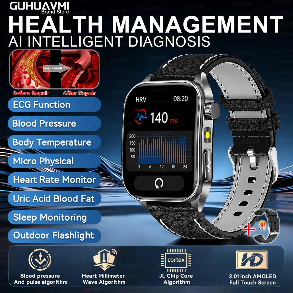 2025 New Laser therapy+ECG+HRV High-end Health Watch Men Body analysis Blood pressure lipids Uric acid Health Tracker Smartwatch
