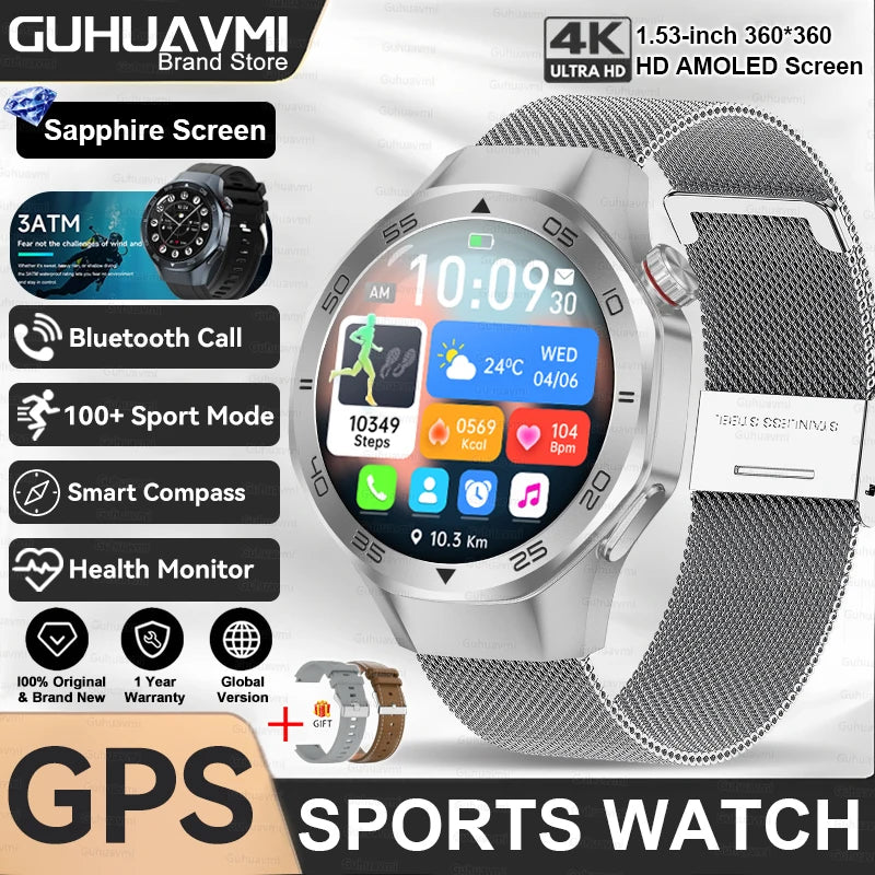 2025 New GPS Trackr GT5 Pro SmartWatch Men Heart Rate Bluetooth Call Compass 3ATM Waterproof Outdoor Sports Smart Bracelet Women