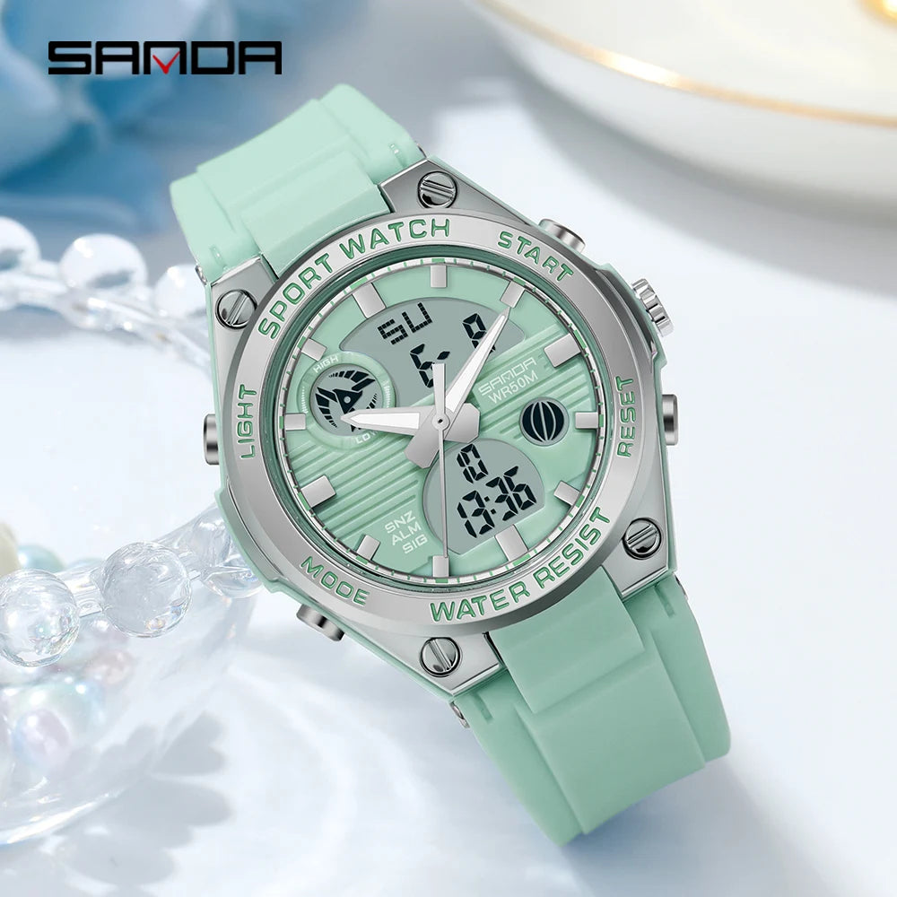 SANDA 6067 Digital Watch Women's Macaron Sport Chronograph Calendar Lady Quartz Wristwatch 50m Waterproof LED Electronic Clock