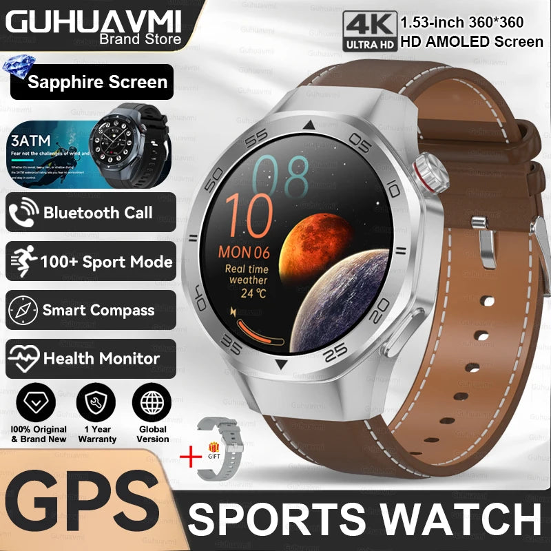 2025 New GPS Trackr GT5 Pro SmartWatch Men Heart Rate Bluetooth Call Compass 3ATM Waterproof Outdoor Sports Smart Bracelet Women