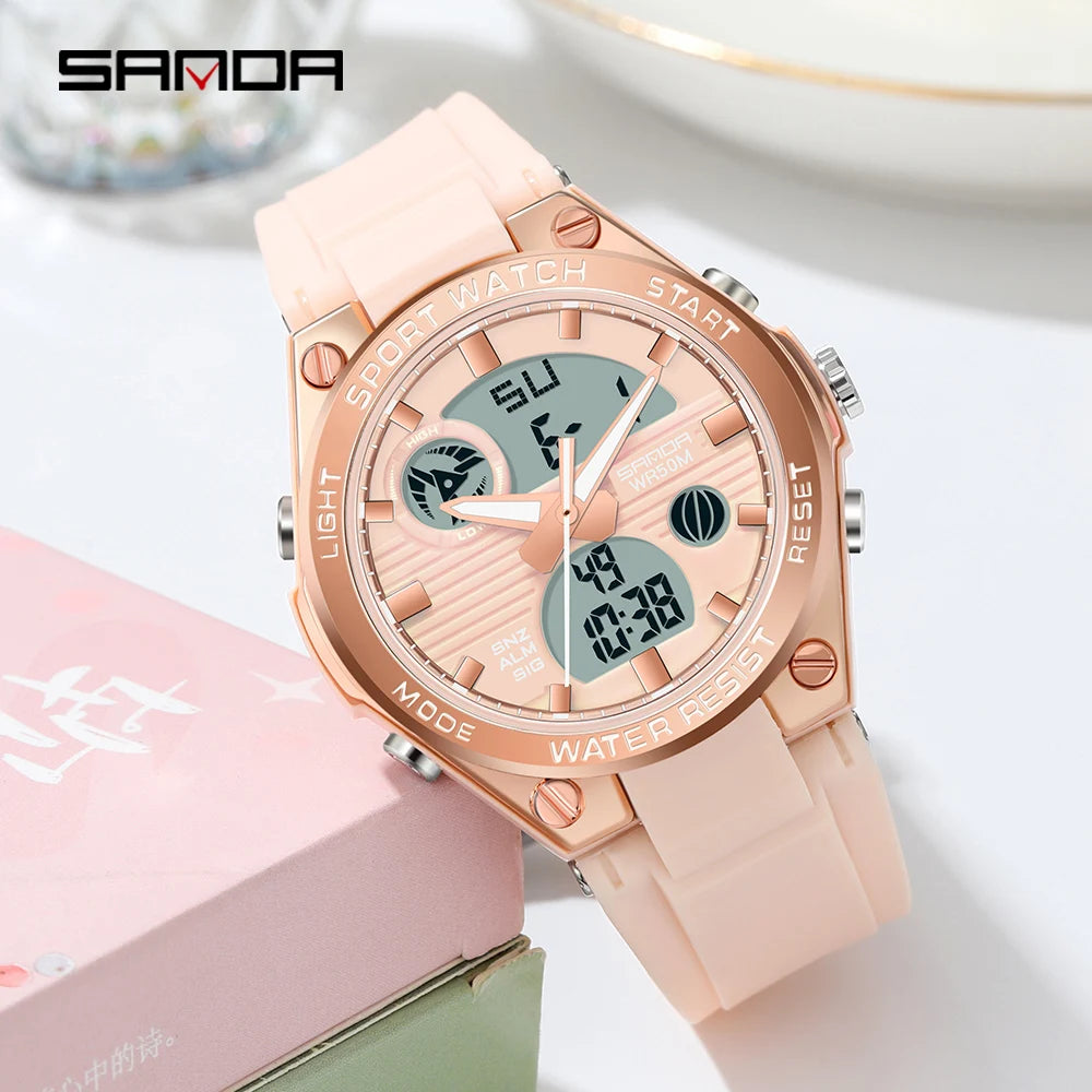 SANDA 6067 Digital Watch Women's Macaron Sport Chronograph Calendar Lady Quartz Wristwatch 50m Waterproof LED Electronic Clock