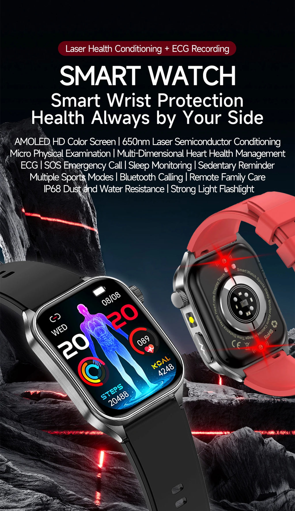 2025 New Laser therapy+ECG+HRV High-end Health Watch Men Body analysis Blood pressure lipids Uric acid Health Tracker Smartwatch