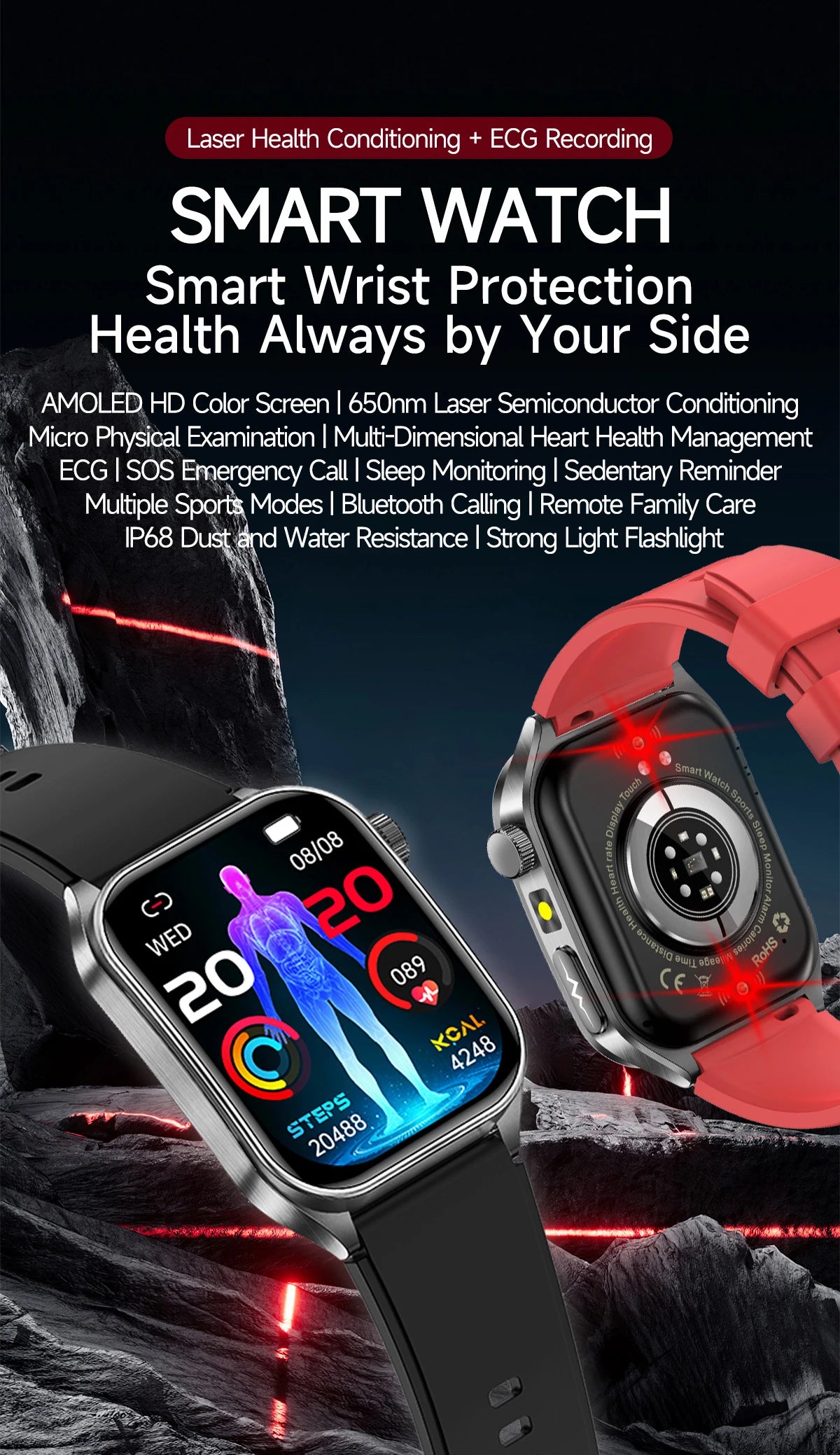 2025 New Laser therapy+ECG+HRV High-end Health Watch Men Body analysis Blood pressure lipids Uric acid Health Tracker Smartwatch