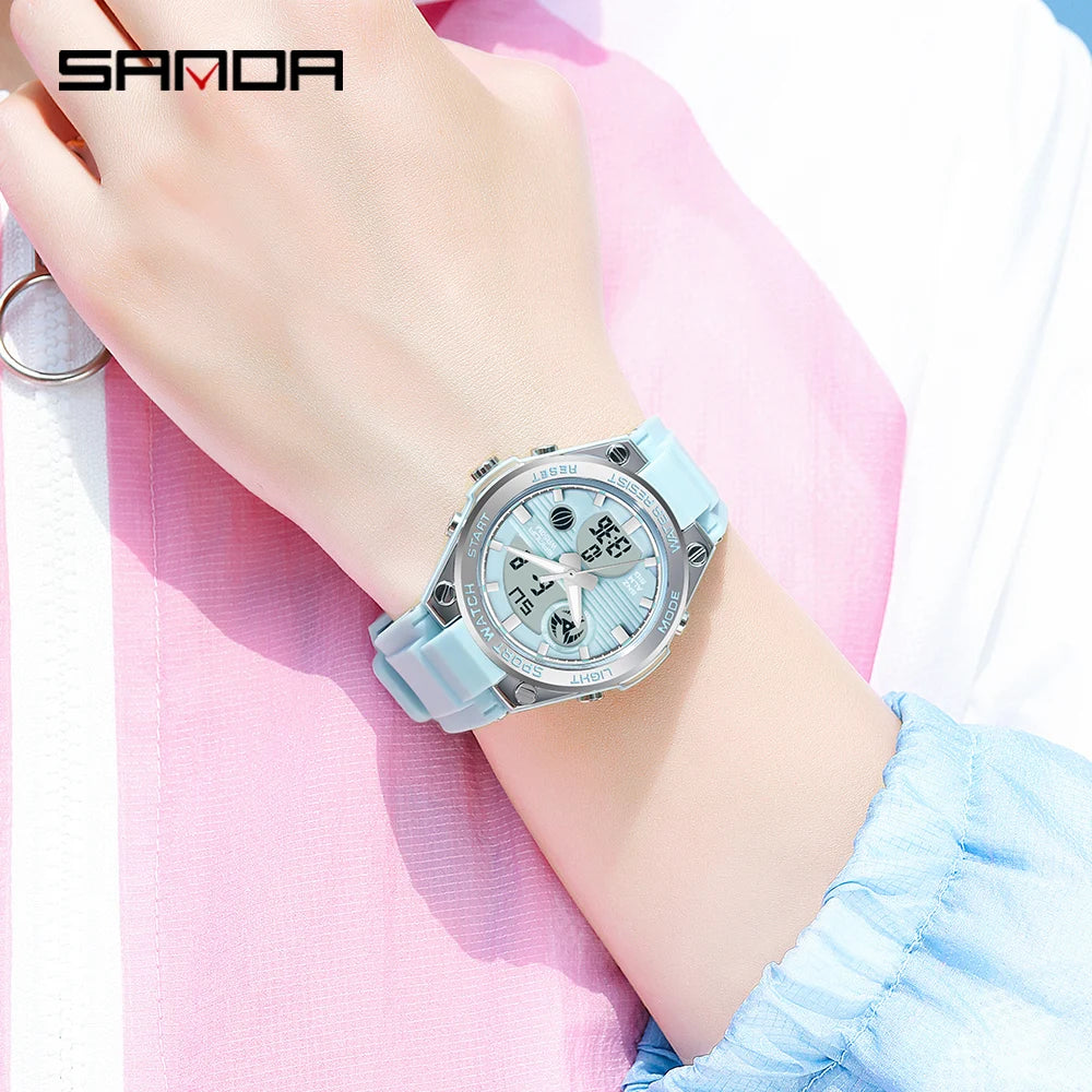 SANDA 6067 Digital Watch Women's Macaron Sport Chronograph Calendar Lady Quartz Wristwatch 50m Waterproof LED Electronic Clock